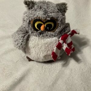 Gray and White Owl Plush with Red Scarf